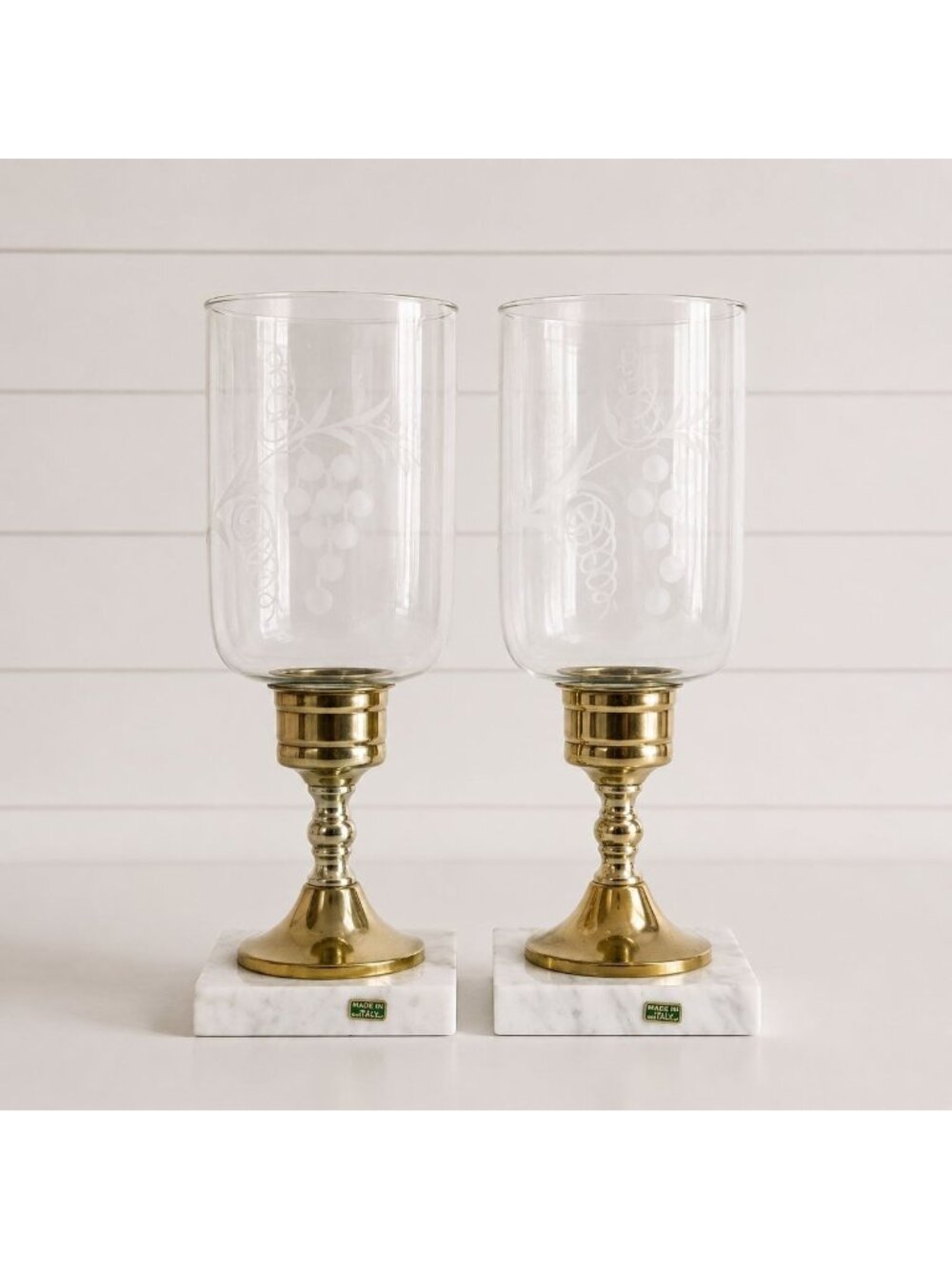 Vintage Italian Hurricane Candle Holder Set of 2 Brass Marble Etched Glass Pair
